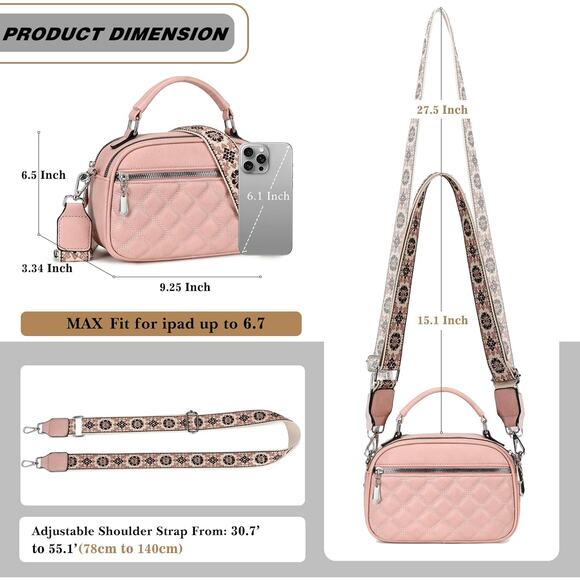 NEW Quilted Pink Crossbody Bag | Top Handle Purse w/ Boho Strap - Picture 3 of 6